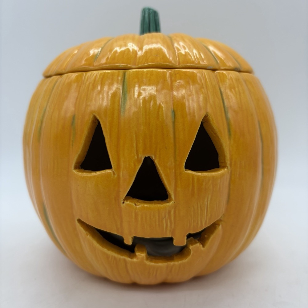 VTG 1974 Ceramic Jack O Lantern Pumpkin Halloween Candle Holder Luminary 3-Piece